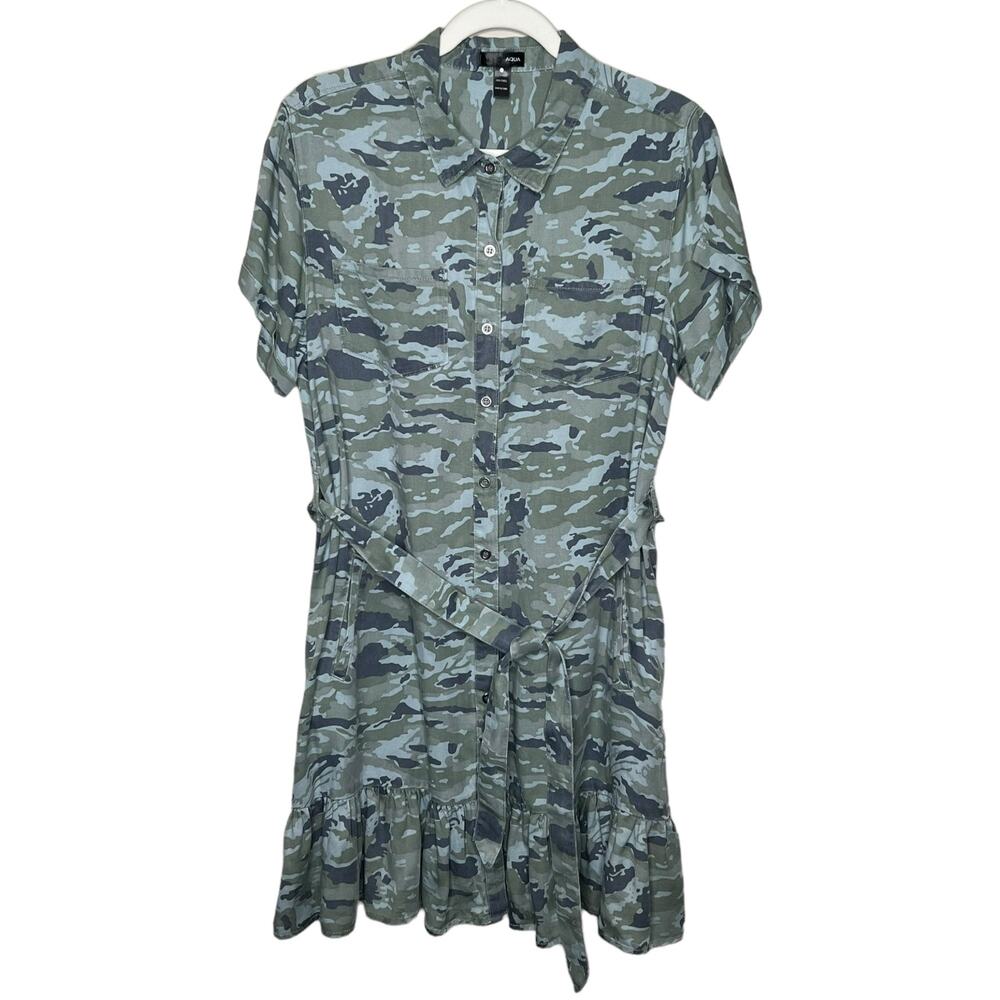 Aqua 100% Tencel Camouflage Green Belted Shirt Dress Size large